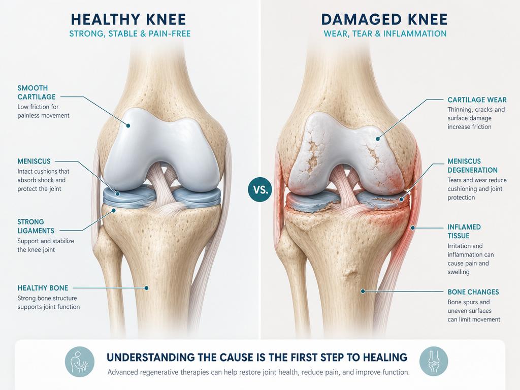 Comparison of a healthy knee joint and a damaged knee showing cartilage wear, meniscus degeneration, and inflammation