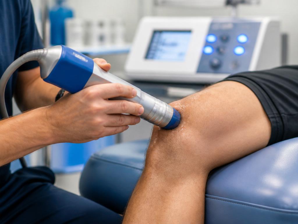 Shockwave therapy device applied to a painful knee