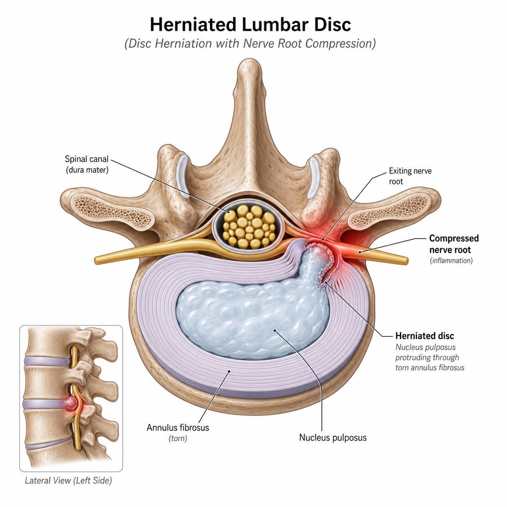 Illustration of a spinal disc and nearby structures