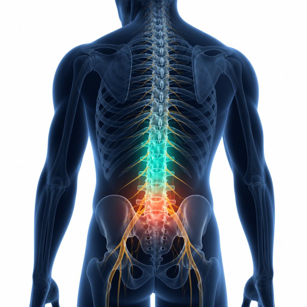 Illustration of the lumbar spine used to explain possible contributors to low back pain