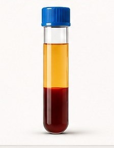 Centrifuged blood collection tube separating plasma from red cells, used for autologous PRP therapy.
