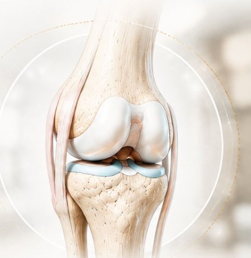 Detailed anatomical illustration of a knee joint showing cartilage, ligaments and bone, representing the tissues regenerative medicine supports.