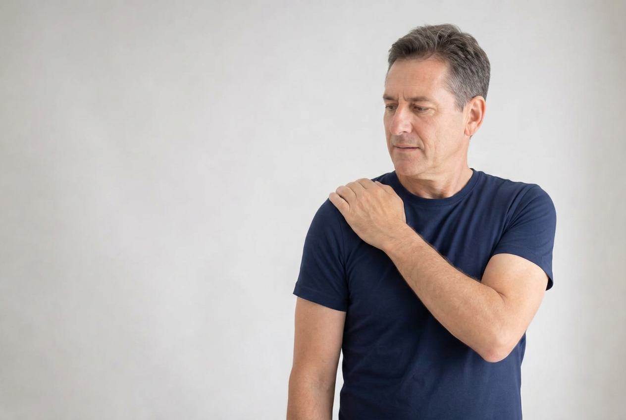Adult experiencing shoulder pain while reaching overhead