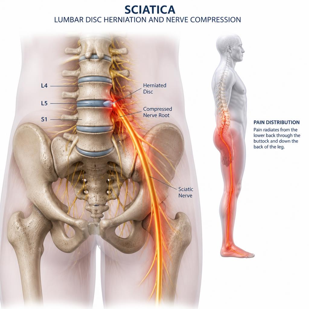 Lumbar spine and sciatic nerve pathway illustration