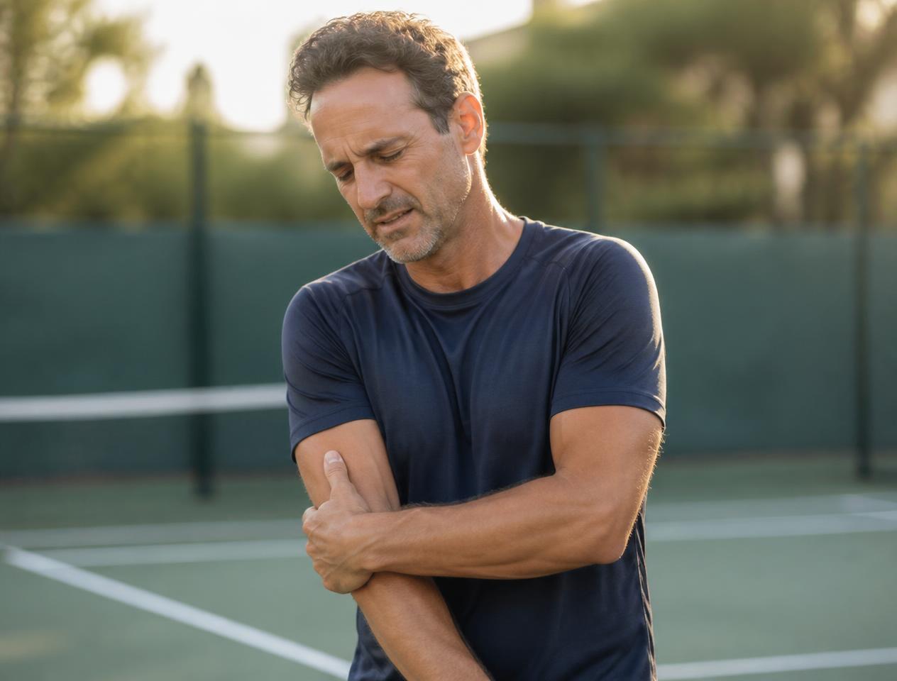 Active adult holding the outside of the elbow after gripping or exercise