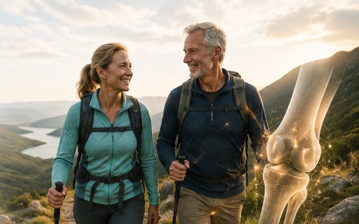 Active mature couple hiking outdoors with an illustrated knee joint highlighted, representing healthy joint recovery with age.